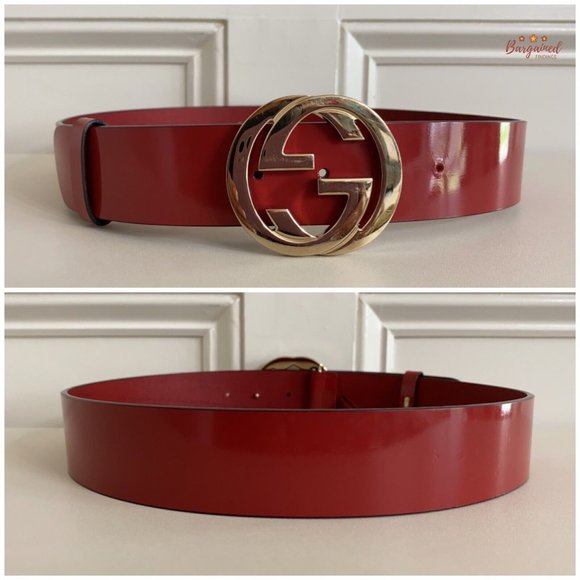 Authentic GUCCI Red Glossy Leather Gold Interlocking G Buckle Belt 80/32 - Picture 5 of 13